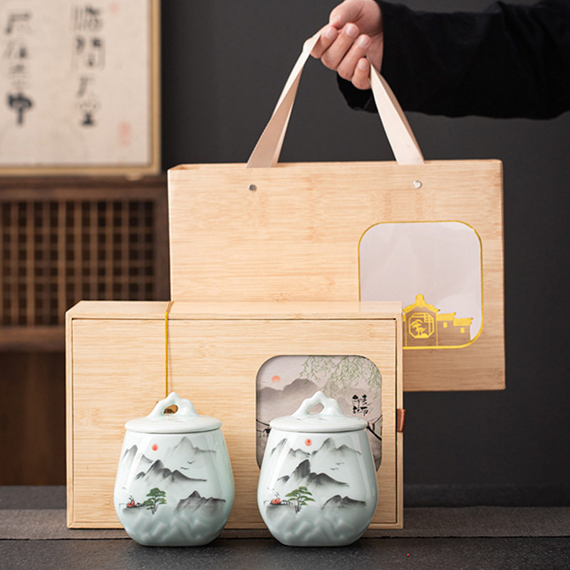 手绘陶瓷茶叶罐红茶绿茶龙井毛尖存储密封复古双罐空礼盒家用送礼