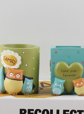 大号猫头鹰笔筒文具收纳学生礼品书桌面用品树脂工艺品家居摆件