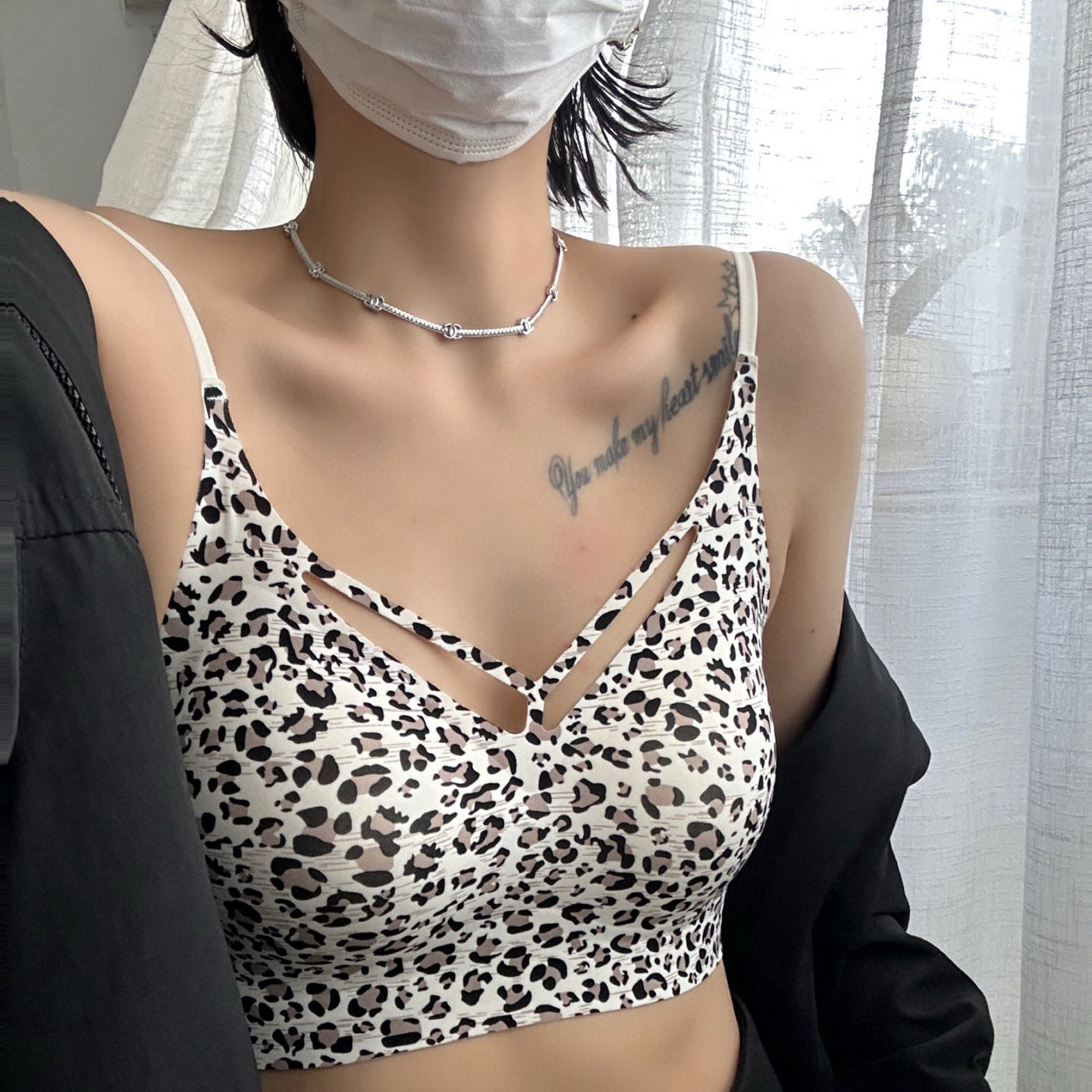 春夏新款固定杯豹纹美背裹胸抹胸吊带背心V领美胸细带性感女内衣