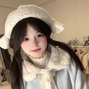 日本风格软女孩羊耳乳白色羊绒帽子的女人多才多艺甜美的女孩可爱