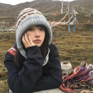 费尔岛风克拉法帽子女秋冬护耳保暖针织毛线帽覆古百搭显脸小