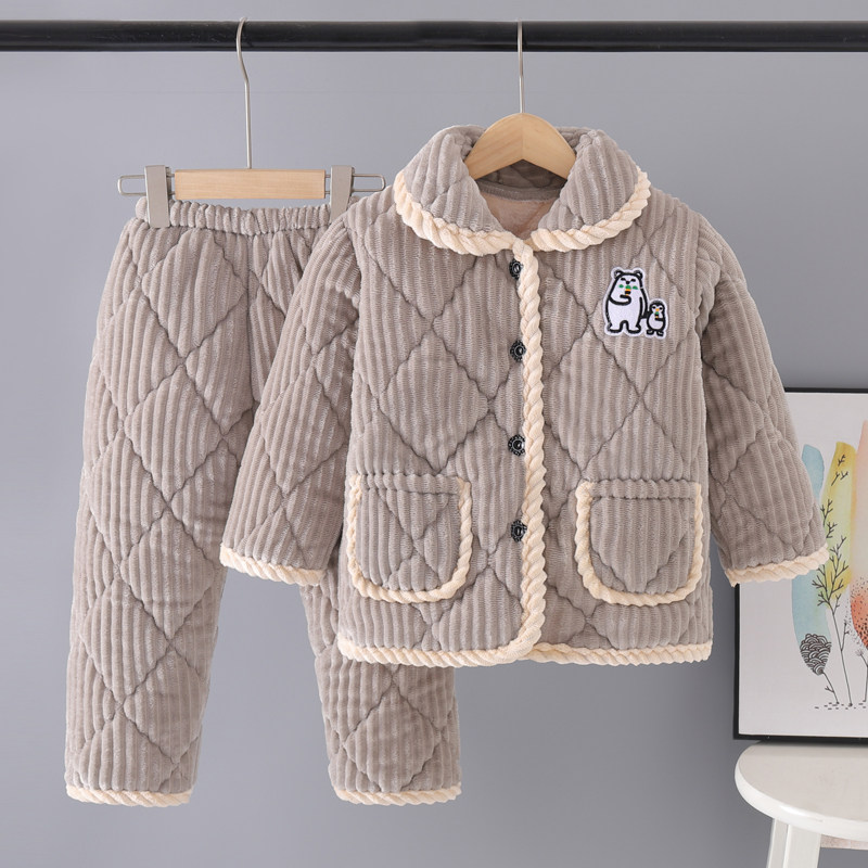 全棉纯棉冬季儿童珊瑚绒睡衣男童加厚款夹棉家居服女童法兰绒套装