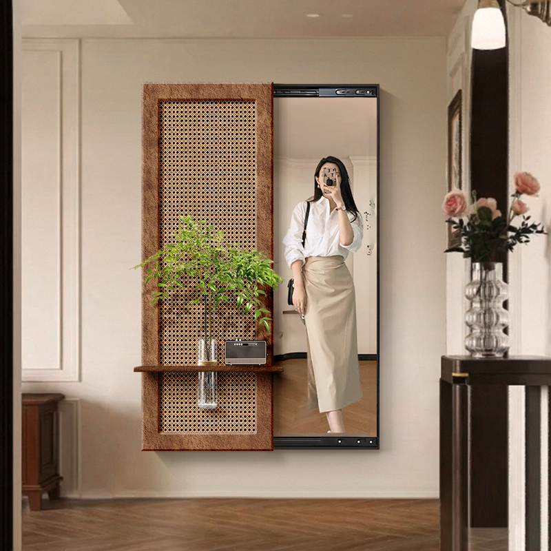 中古风玄关镜子装饰画藤编全身镜