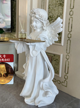 欧式复古天使落地摆件托盘客厅玄关钥匙创意桌面装饰品石膏像雕塑
