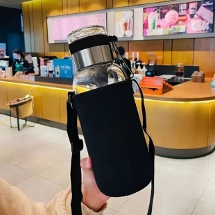 1L便携大容量水杯送杯套玻璃杯带提绳茶水分离杯户外简约家用