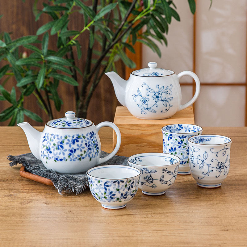 光峰日本进口小蓝芽线唐草陶瓷茶壶单壶茶杯家用日式泡茶壶汤吞杯