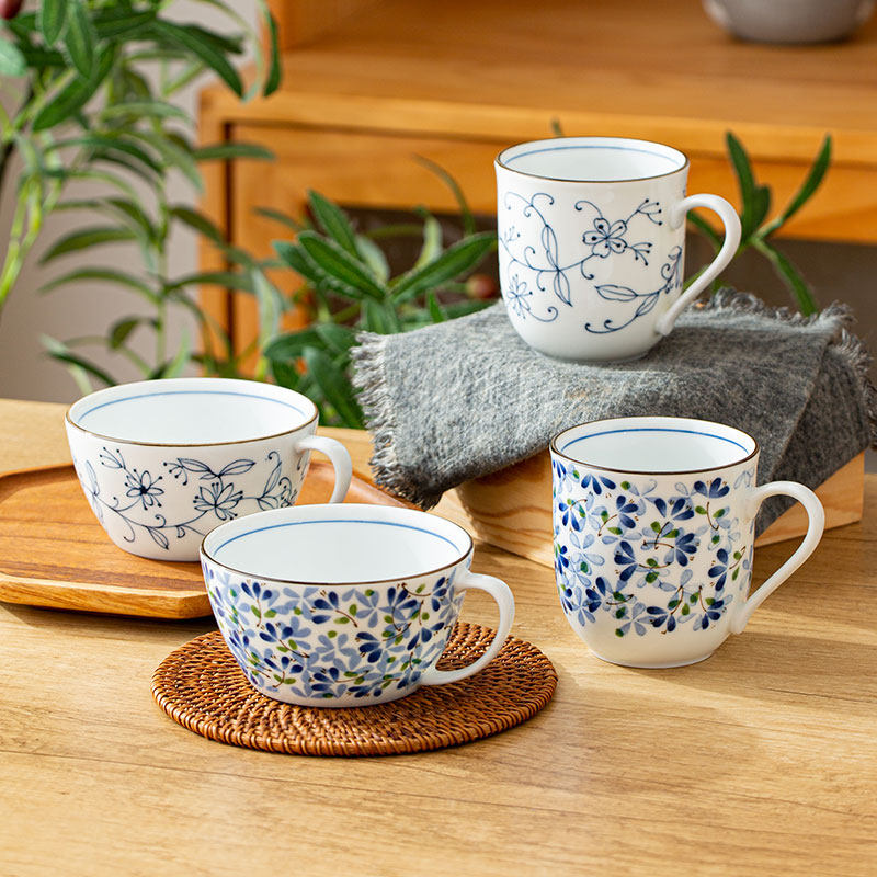 光峰马克杯早餐杯 小蓝芽线唐草日本进口陶瓷杯日式家用茶杯水杯