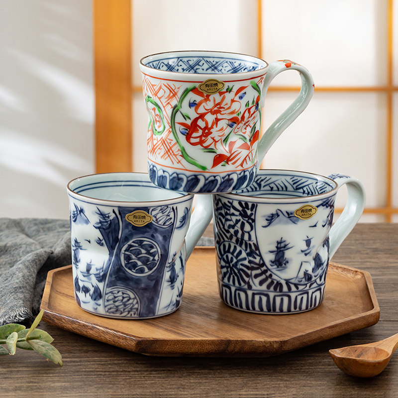 日本进口有田烧杯子日式手绘青花染付马克杯釉下彩家用陶瓷喝水杯