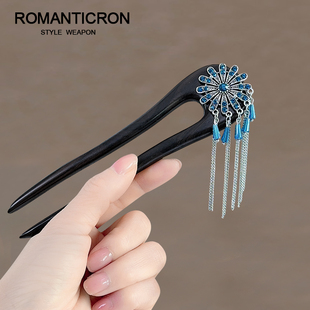 发簪新中式u型流苏国风木质盘发女2024新款檀木花朵钗子旗袍木簪