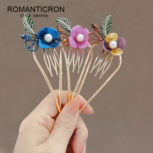 插梳发饰高端盘发花朵小号U型发夹气质丸子头韩国发夹后脑勺发簪