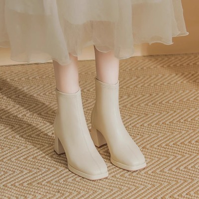 法式方头高跟真皮马丁短靴