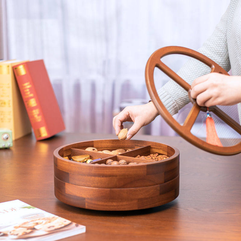 创意客厅新中式木质分格带盖旋转干果盘多层瓜子零食水果点心