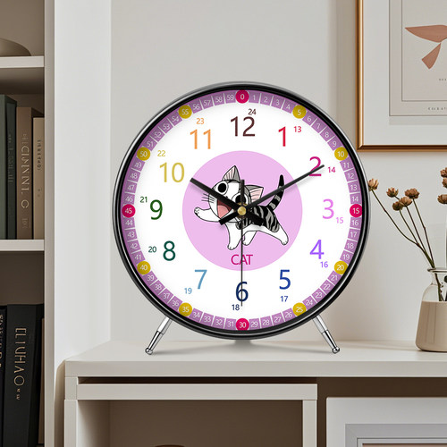 可爱客厅书房早教座钟摆放台式小猫钟表时钟时尚儿童房摆件台钟