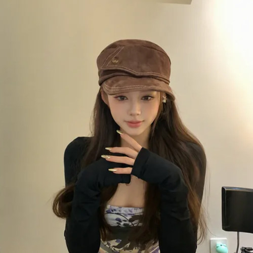 秋冬复古平顶麂皮绒报童帽女