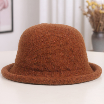 复古赫本风圆顶渔夫帽韩版冬季卷边小礼帽女显脸小羊毛呢千金帽子