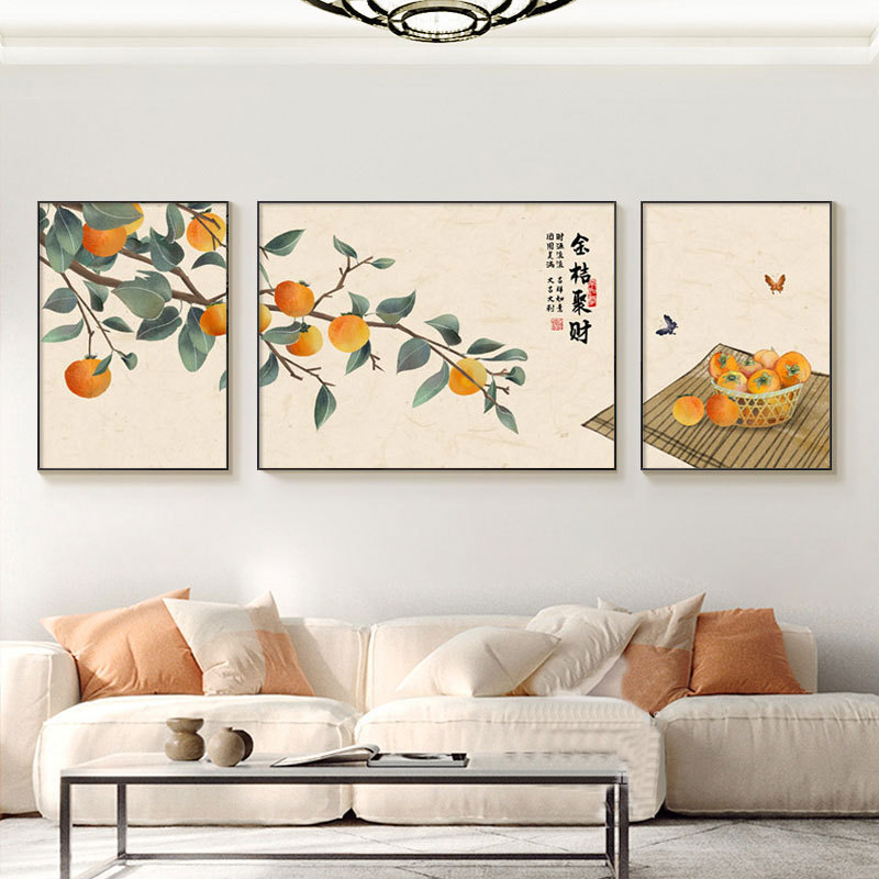 北欧风客厅装饰画金桔寓意三联画日式原木风柿子猫咪沙发背景挂画图片