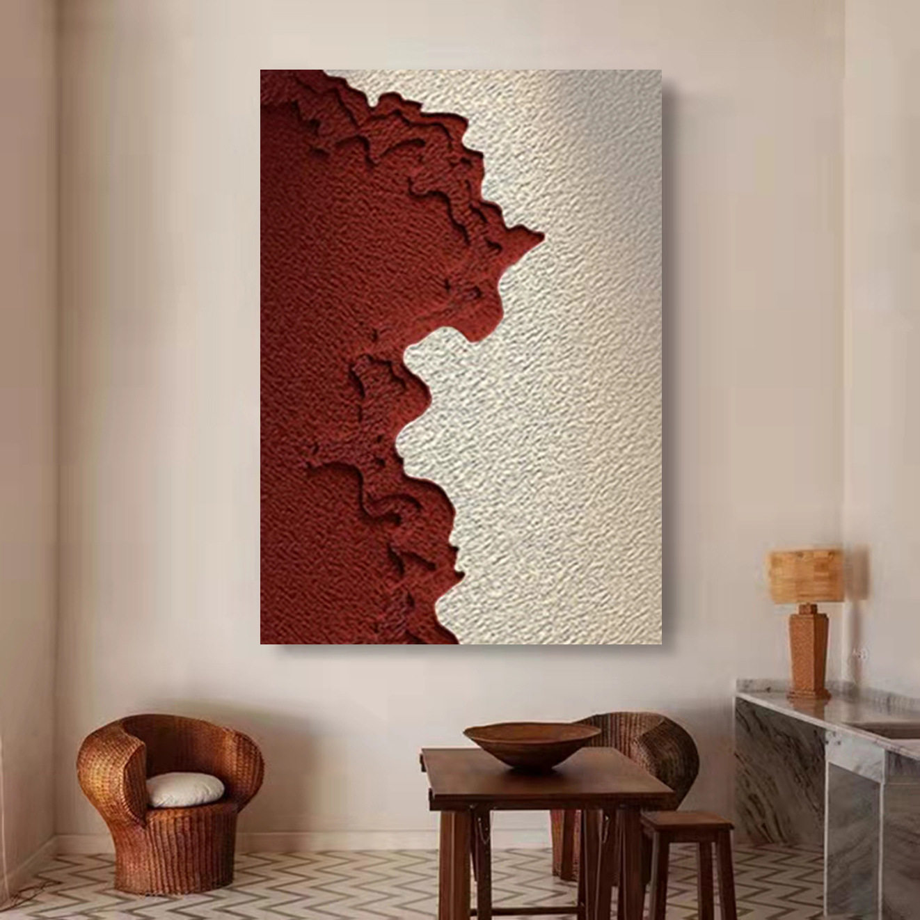 现代轻奢立体木雕砂岩手绘抽象装饰画走廊过道竖版壁画样板间挂画
