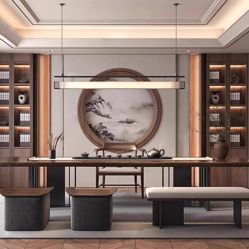 宋代美学中式餐厅茶室书房简约一字长条酒店吧台设计师仿云石吊灯
