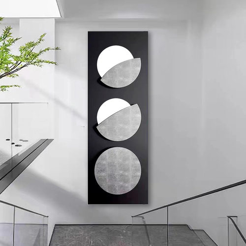 现代轻奢高档竖版月亮装饰画入户玄关客厅走廊3d立体黑色简约挂画