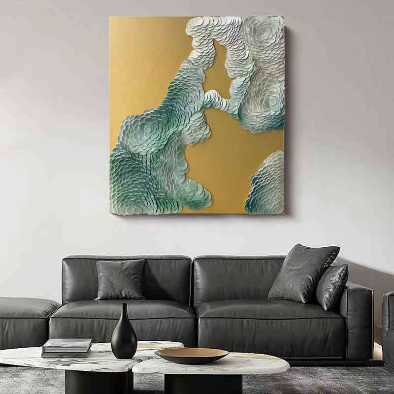 皮革立体鱼鳞实物画现代简约手绘别墅沙发背景墙壁挂画方形高端装