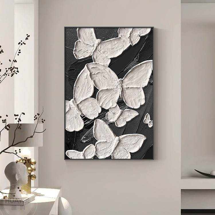 现代简约蝴蝶客厅装饰画极简黑白沙发背景墙挂画立体肌理玄关壁画图片