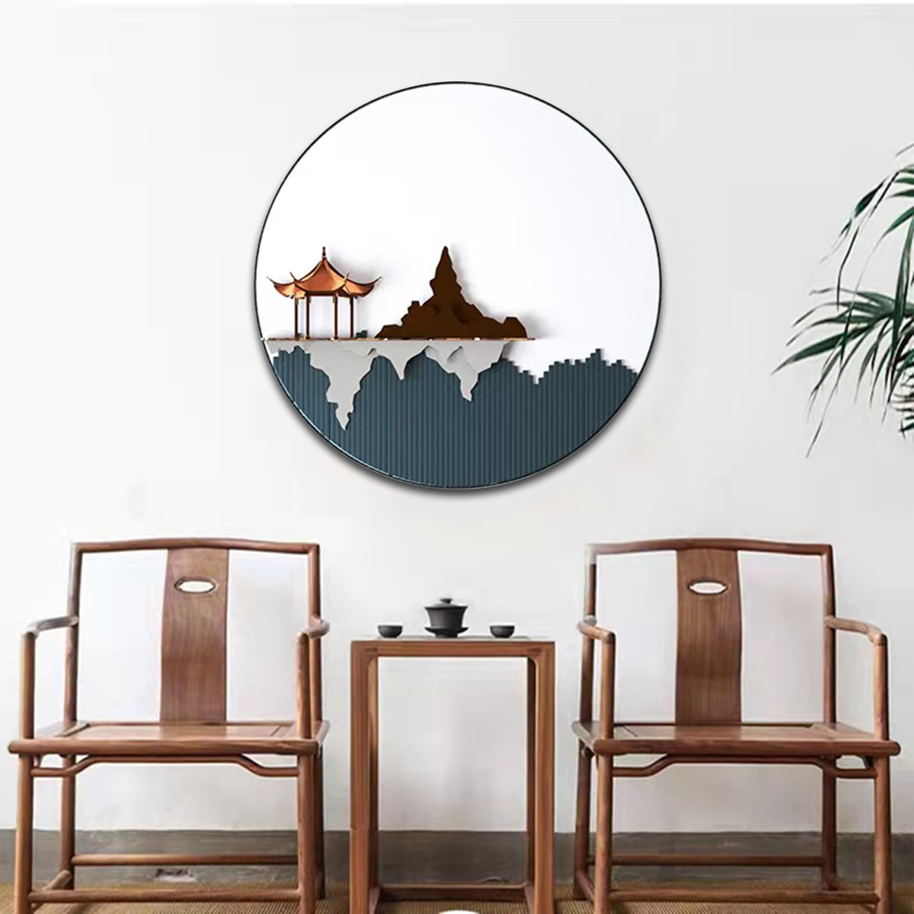 新中式圆形立体茶室背景墙装饰画玄关创意挂画客厅餐厅高端实物画图片
