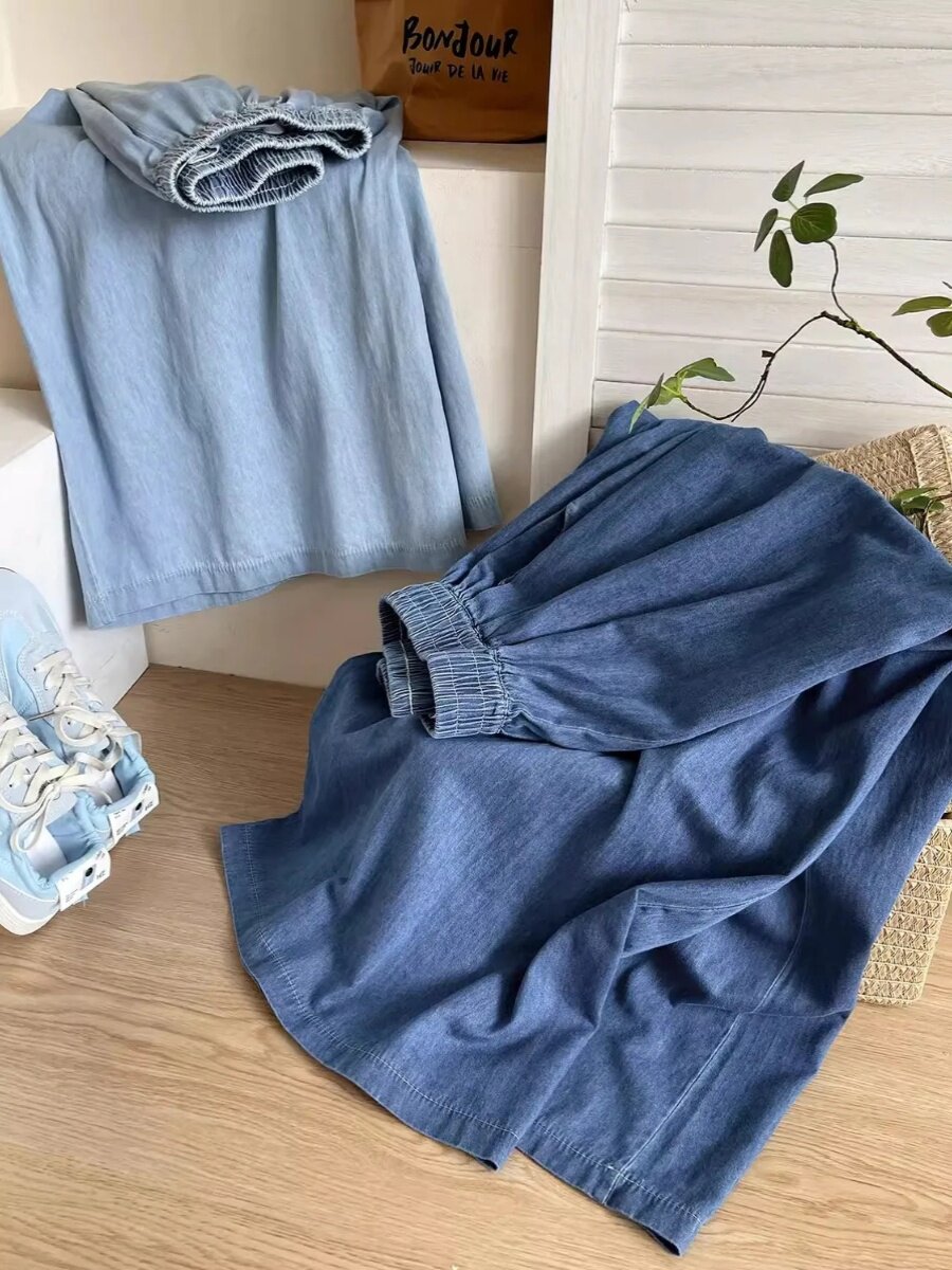 일본과 한국 스타일 게으른 스타일 탄성 허리 데님 와이드 레그 퀼로트 여성 여름 복고풍 느슨한 캐주얼 바지