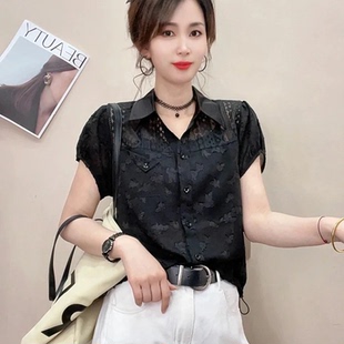 女轻奢高级感慵懒风洋气网红上衣 夏季 新款 法式 拼接极简风花纹衬衫