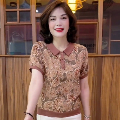 中老年夏季新款翻领印花短袖T恤