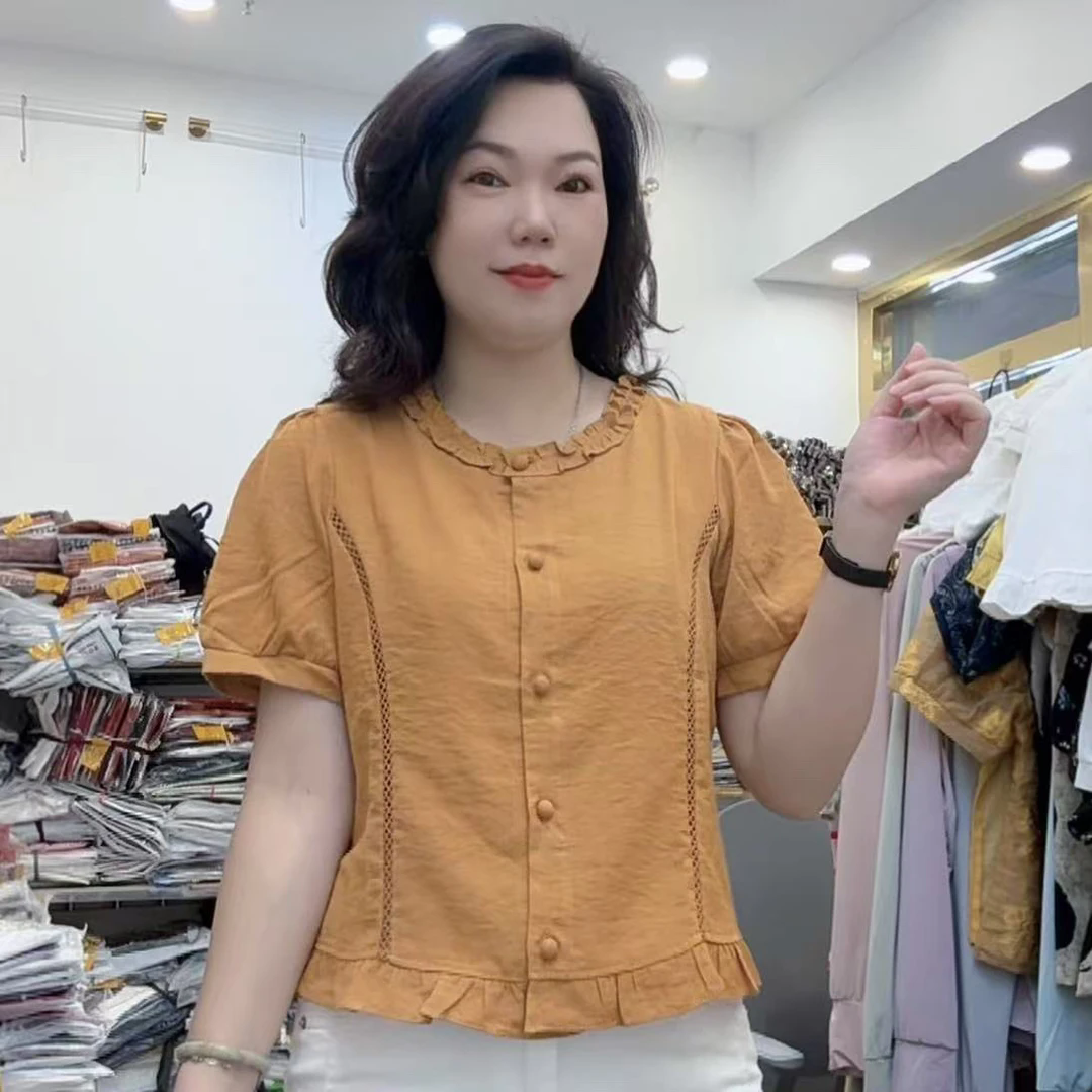 夏季新款时尚韩版花边圆领短袖衬衫女士气质减龄显瘦洋气百搭上衣