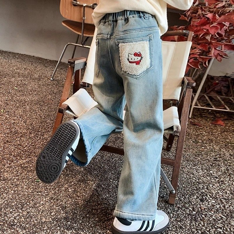 女童裤子秋冬款2025新款儿童加绒加厚牛仔裤冬装女大童洋气休闲裤