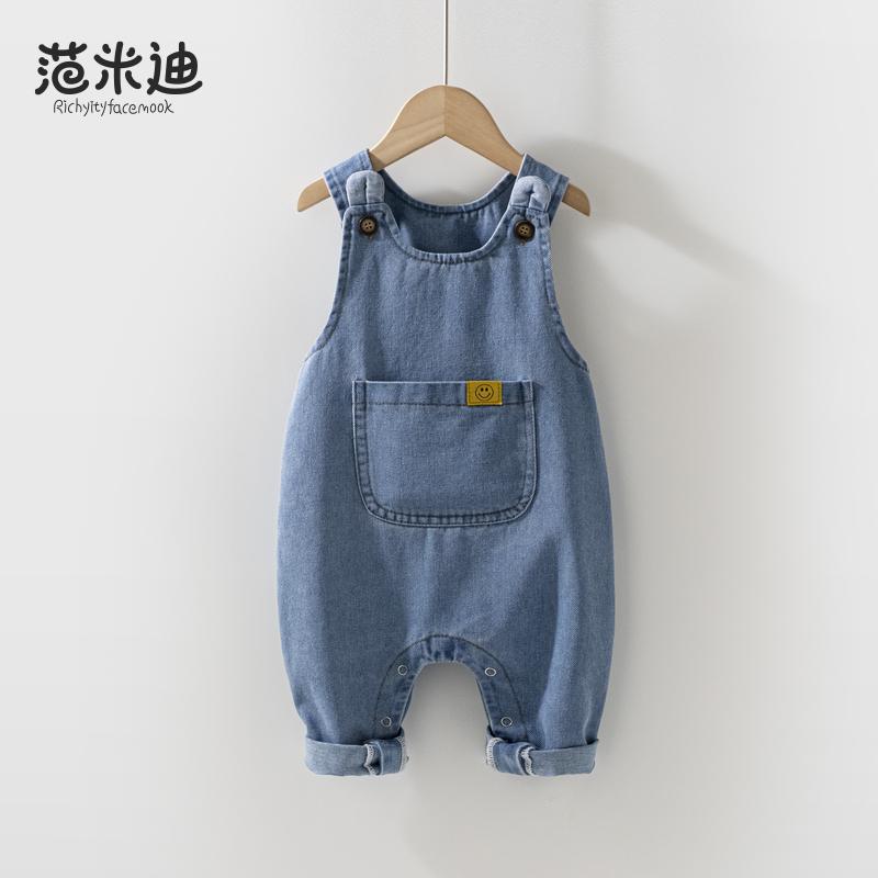 小婴儿背带裤春秋0-1一2岁新生儿大pp牛仔暗扣档裤子婴幼儿连身裤