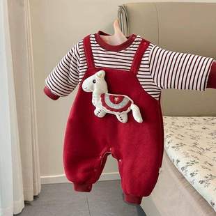 婴儿拜年服冬季宝宝卡通加绒连体衣加厚保暖爬服新生儿过年衣服潮