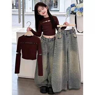 女童韩系高级感穿搭套装春装烫钻牛仔裤2026新款儿童超好看两件套