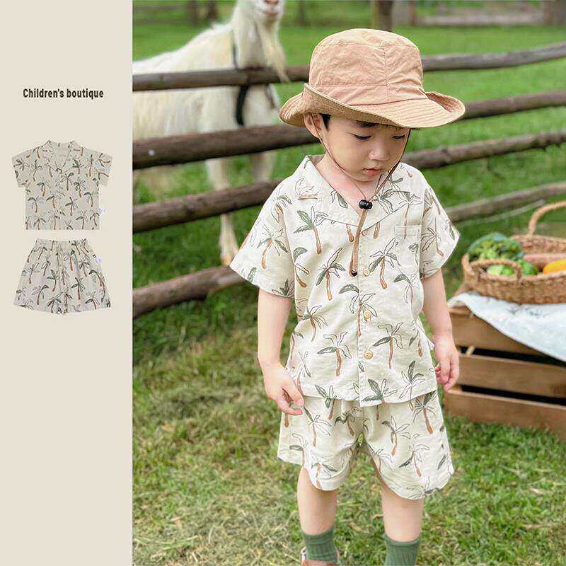 新款【海洋假日】休闲度假风椰树套装短袖两件套夏季婴幼童男女宝