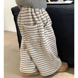 加绒条纹直筒休闲裤卫裤女童一只叁崽冬季洋气加厚阔腿运动裤裤子