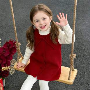 女童新年连衣裙冬季超萌女宝宝超好看红色毛呢背心裙儿童裙子冬天