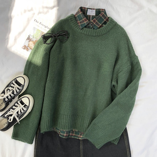 Sweater Round Sleeve Green Long Neck Dark Mooirue Pullover