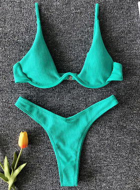 Sexy Neon V-bar Underwired Bikini 2021 Female Ribbed Swimsui