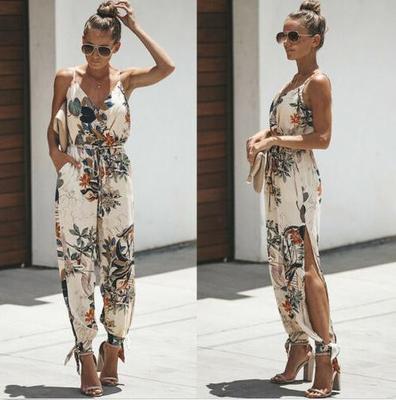 Women Casual Floral Strap Sleeveless V Neck Jumpsuit Romper