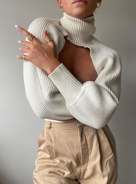 Female Sweater Solid High Collar Long Puff Sleeve Knitwear P