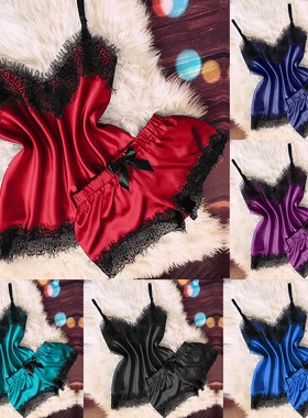 Women's Sleepwear Sexy feminino Pyjama Set Black Lace V-Neck