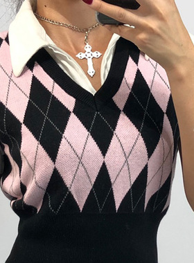 Vintage Y2K Crop Top Argyle Sweater Vest V Neck Sleeveless T