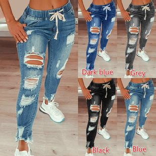 For Women Jean Denim Stretch Jeans Hole Drawstring Ripped