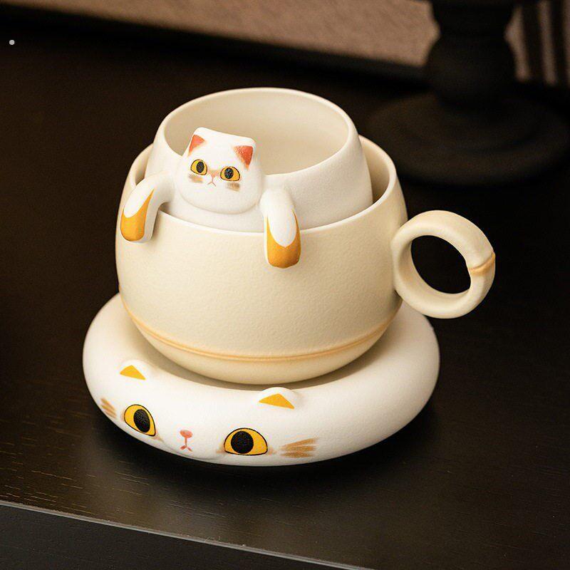 高级感趴趴黄猫马克杯带盖办公室泡茶杯茶水分离女士高颜值杯子