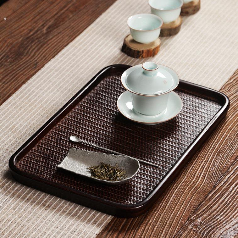 竹编托盘奉茶盘 长方形复古茶道竹茶托 家用功夫茶具收纳实木配件