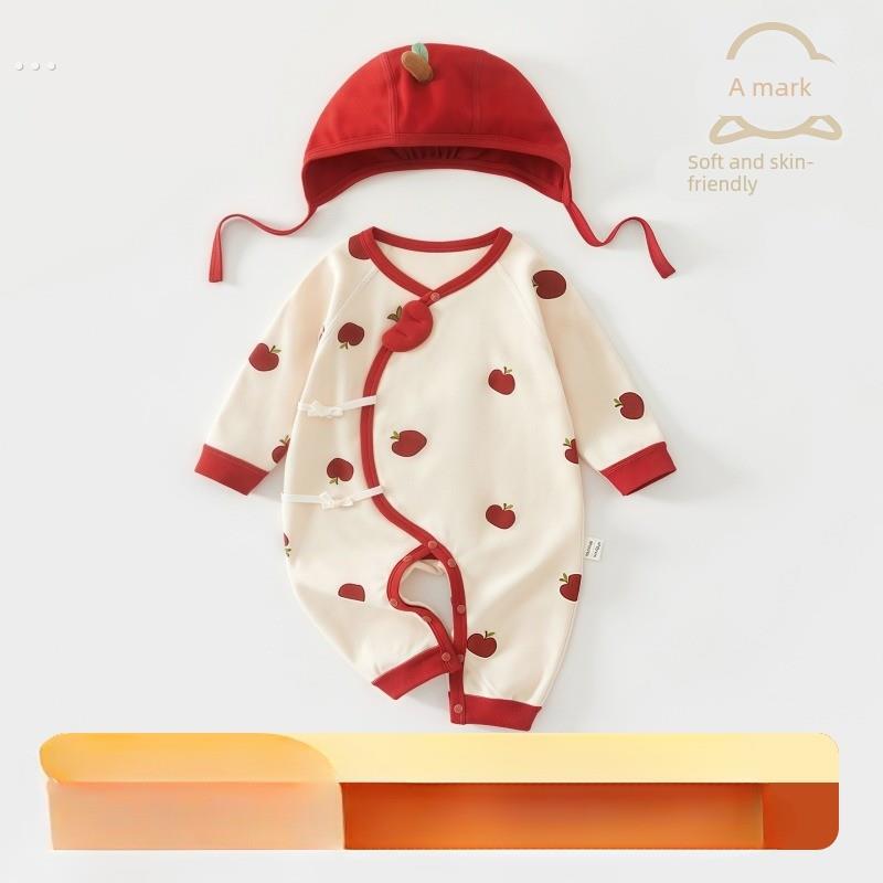 婴儿衣服纯棉小月龄春秋秋装满月红色女百天宝宝52码新生儿连体衣