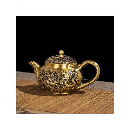 龙凤大茶壶高品质礼盒龙纹茶壶覆古铜酒壶黄铜工艺品百福壶摆件