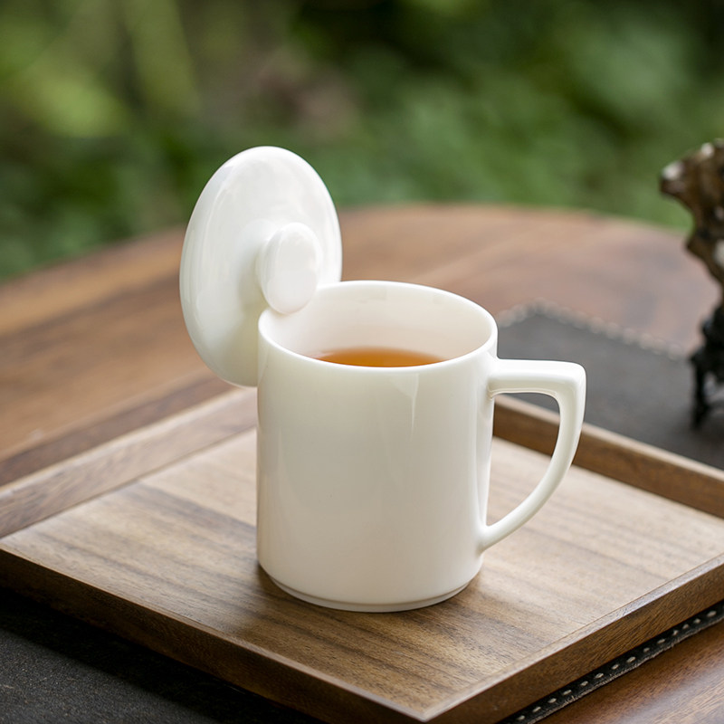 德化白瓷茶杯办公室泡茶杯个人专用高档陶瓷茶水分离杯带盖会议杯