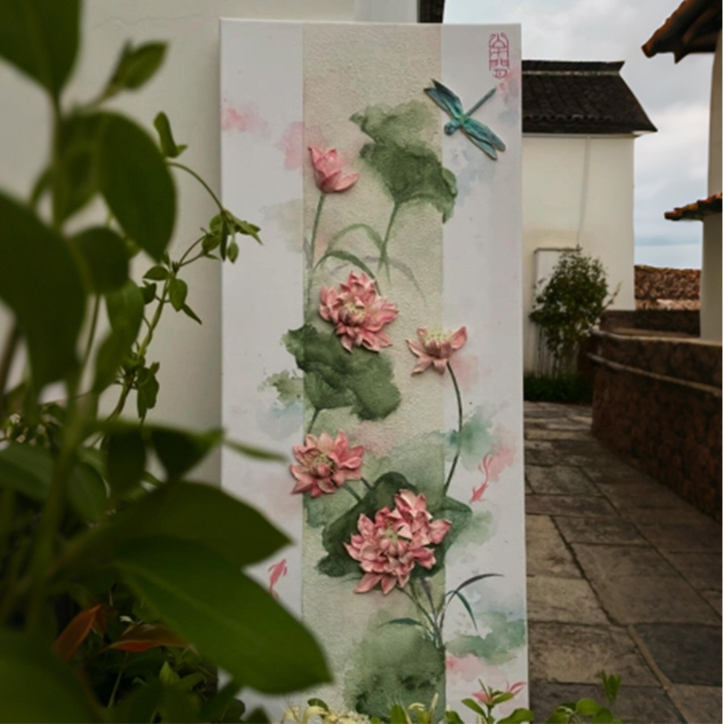 荷风清韵浮雕感艺术玄关走廊挂画新中式立体感荷花茶室背景装饰画